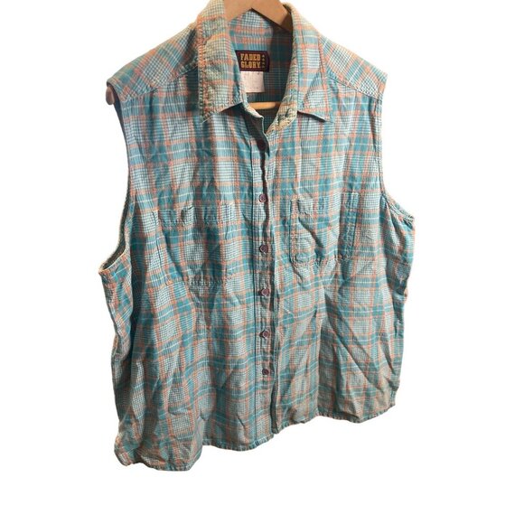 Faded Glory Blue and Orange Plaid Sleeveless Button Up Collared Top - Picture 3 of 6